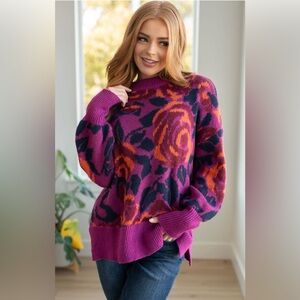 JODIFL Floral Knit Sweater - Purple, Orange, and Navy
